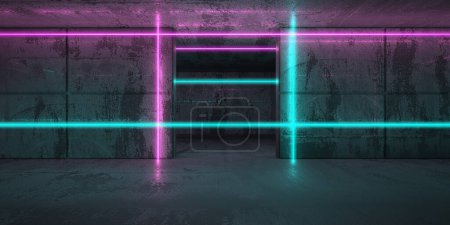 Photo for Neon and neon beams in the dark room. Futuristic Sci Fi glowing lights. 3d rendering - Royalty Free Image