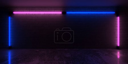 Lila und blaue Neonlichter an dunkler Ziegelwand. 3D-Darstellung