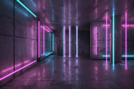 Téléchargez les photos : Poutres néon et néon dans la chambre noire. Futuriste science-fiction lumières incandescentes. Rendu 3d - en image libre de droit