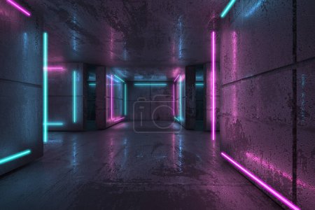 Téléchargez les photos : Poutres néon et néon dans la chambre noire. Futuriste science-fiction lumières incandescentes. Rendu 3d - en image libre de droit