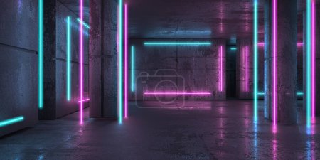 Téléchargez les photos : Poutres néon et néon bleu dans la pièce sombre. Futuriste Sci-Fi intérieur moderne avec des rayures lumineuses. Rendu 3d - en image libre de droit