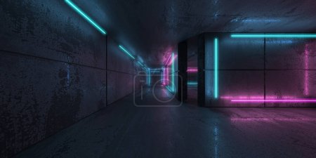 Foto de Rayos de neón y azul en habitación oscura. Futurista Sci-Fi interior moderno con rayas de luces. renderizado 3d - Imagen libre de derechos