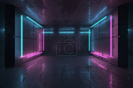 Photo for Neon and neon beams in the dark room. Futuristic Sci Fi glowing lights. 3d rendering - Royalty Free Image