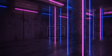 Foto de Rayos de neón y neón en el cuarto oscuro. Luces brillantes Futuristic Sci Fi. renderizado 3d - Imagen libre de derechos