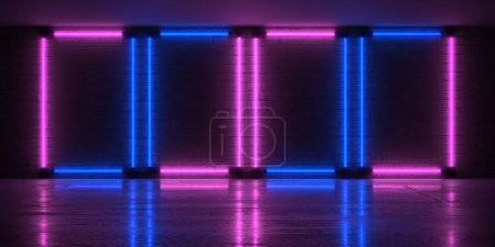 Photo for Purple and Blue Neon Lights on Dark Brick Wall. 3d Rendering - Royalty Free Image