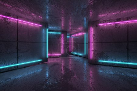 Foto de Rayos de neón y azul en habitación oscura. Futurista Sci-Fi interior moderno con rayas de luces. renderizado 3d - Imagen libre de derechos