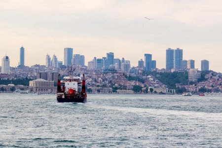 Photo for Cargo ship in Golden Horn in Istanbul. City view - Royalty Free Image