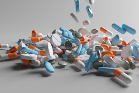 Photo for Different medicine tablets antibiotic pills. Multicolor tablets and pills capsules. 3d rendering - Royalty Free Image