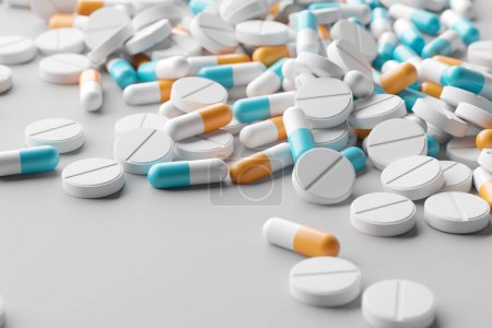 Photo for Different medicine tablets antibiotic pills. Multicolor tablets and pills capsules. 3d rendering - Royalty Free Image