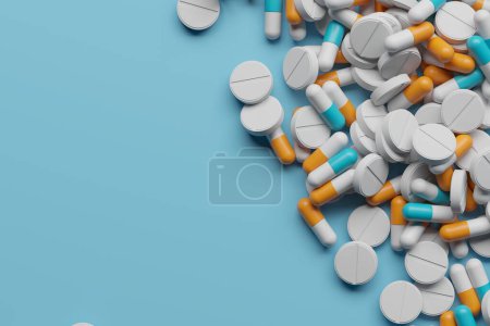 Foto de Medicamento farmacéutico. Montón de píldoras de la cápsula con antibiótico medicamento. renderizado 3d - Imagen libre de derechos