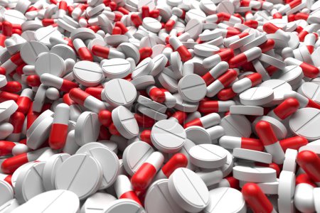 Téléchargez les photos : Différents médicaments comprimés antibiotiques pilules. Comprimés et capsules multicolores. Rendu 3d - en image libre de droit