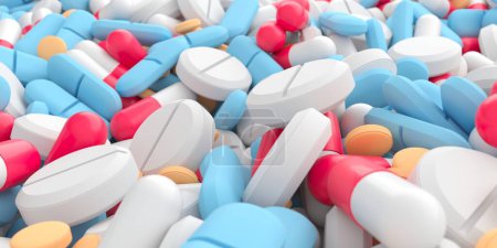 Foto de Diferentes tabletas de medicamentos píldoras antibióticas. Comprimidos y cápsulas multicolores. renderizado 3d - Imagen libre de derechos