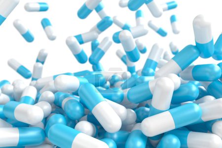 Téléchargez les photos : Différents médicaments comprimés antibiotiques pilules. Comprimés et capsules multicolores. Rendu 3d - en image libre de droit