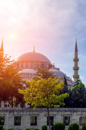 Foto de Mezquita Suleymaniye gran vista con la luz del sol. Fondo cielo azul - Imagen libre de derechos
