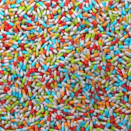 Téléchargez les photos : Soins de santé. Pile de pilules colorées. Concept de médecine. Rendu 3d - en image libre de droit