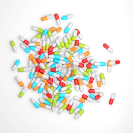 Photo for Different medicines on surface. Assorted pharmaceutical pills. 3d rendering - Royalty Free Image