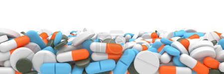 Téléchargez les photos : Médicament pharmaceutique. tas de pilules capsule avec antibiotique de médecine. Rendu 3d - en image libre de droit