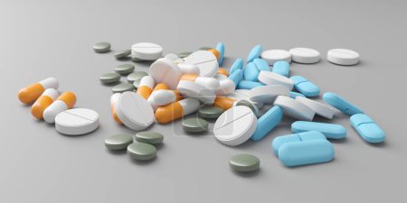 Photo for Different medicines on surface. Assorted pharmaceutical pills. 3d rendering - Royalty Free Image