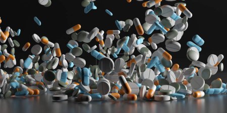 Foto de Diferentes medicamentos en superficie. Surtido de píldoras farmacéuticas. renderizado 3d - Imagen libre de derechos
