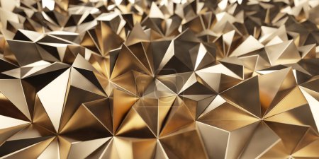 Photo for Gold colored metal geometric pattern with triangular shapes. Poligons background. 3d rendering - Royalty Free Image