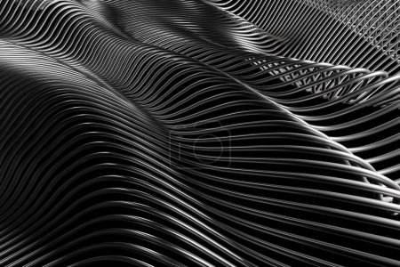 Foto de Patrón de rayas plateadas. Fondo de ondas de acero. renderizado 3d - Imagen libre de derechos