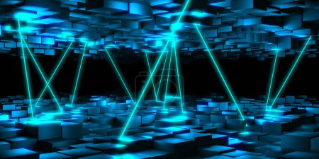 Photo for Geometric mock up design glowing neon lights.. Exhibition background. 3d rendering - Royalty Free Image
