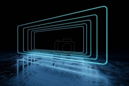 Photo for Geometric mock up design glowing neon lights.. Exhibition background. 3d rendering - Royalty Free Image