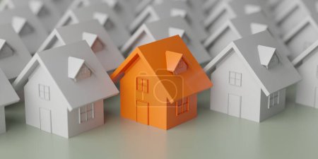 Téléchargez les photos : Unique maison orange se démarquant de la foule. Marché immobilier. Rendu 3d - en image libre de droit