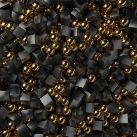 Foto de Esferas doradas abstractas y cubos oscuros sobre fondo negro. Resumen geométrico wallpaper3d renderizado - Imagen libre de derechos