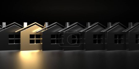Foto de Símbolo de la casa dorada. Concepto inmobiliario oscuro. renderizado 3d - Imagen libre de derechos