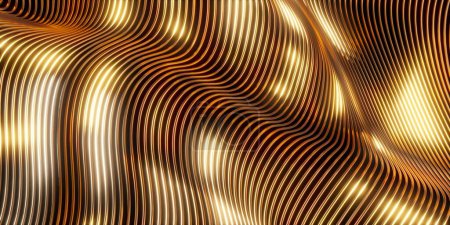 Téléchargez les photos : Abstrait rayé fond doré brillant. Modèle de vague. rendu 3D - en image libre de droit