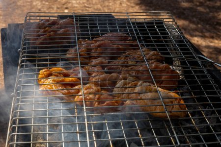 Photo for Roasted meet during cooking on mesh . Picnic outdoor grille - Royalty Free Image