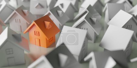 Foto de Casa naranja única destacándose de la multitud. Mercado inmobiliario. renderizado 3d - Imagen libre de derechos