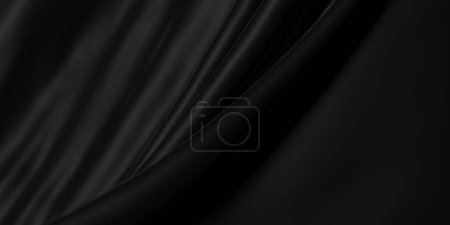 Téléchargez les photos : Texture noire en tissu satiné gris foncé. Gros plan de tissu de soie noire ondulée. Rendu 3d - en image libre de droit