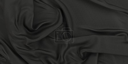 Téléchargez les photos : Texture noire en tissu satiné foncé. Tissu ondulé en soie noire. Rendu 3d - en image libre de droit