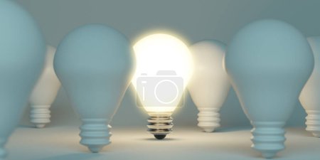 Téléchargez les photos : Concept d'idée et ampoule éclairée. Individualité et pensée créative différente. Rendu 3d - en image libre de droit