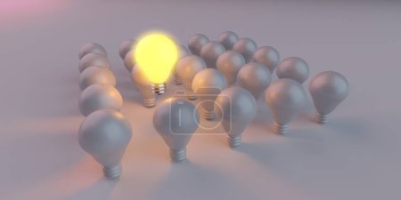 Photo for Illuminated light bulb standing Out in Crowd. Creative idea and inspire innovation. 3d rendering - Royalty Free Image