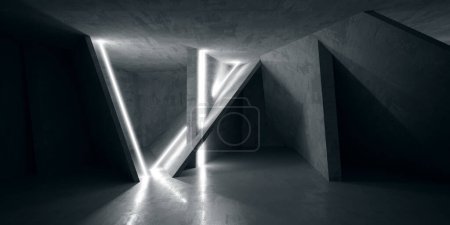 Téléchargez les photos : Abstrait intérieur en béton sombre vide avec des lignes lumineuses néons. Rendu 3d - en image libre de droit