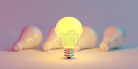 Photo for Illuminated light bulb standing Out in Crowd. Creative idea and inspire innovation. 3d rendering - Royalty Free Image