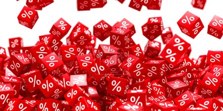 Foto de Porcentaje de símbolos cayendo. Cubos de venta por ciento rojo. Concepto financiero. renderizado 3d - Imagen libre de derechos