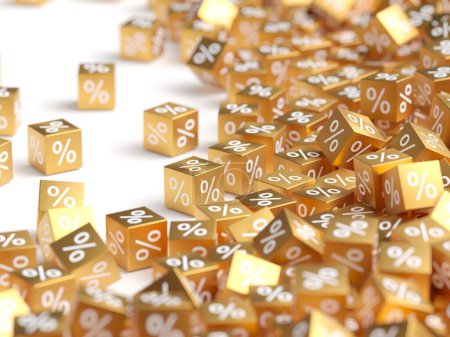 Foto de Signos porcentuales cubos dorados. Ventas de descuento. renderizado 3d - Imagen libre de derechos