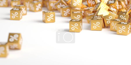 Téléchargez les photos : Pourcentage de signes cubes dorés. Vente à prix réduit. Rendu 3d - en image libre de droit