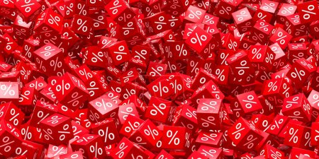 Foto de Porcentaje de símbolos cayendo. Cubos de venta por ciento rojo. Concepto financiero. renderizado 3d - Imagen libre de derechos