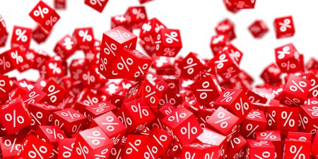 Photo for Percent symbols falling. Red Percent Sale Cubes. Finance concept. 3d rendering - Royalty Free Image