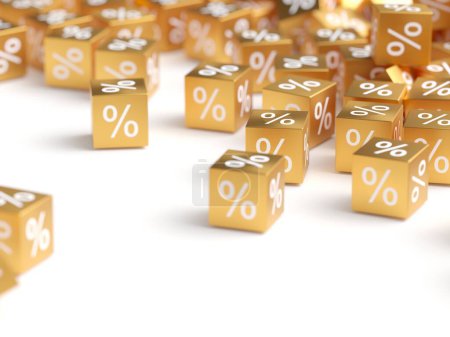 Foto de Signos porcentuales cubos dorados. Ventas de descuento. renderizado 3d - Imagen libre de derechos