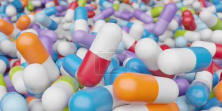 Foto de Cápsulas medicinales. Tabletas médicas y antibióticos. Medicamentos, medicamentos para el tratamiento de pacientes. renderizado 3d - Imagen libre de derechos
