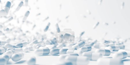 Foto de Pastillas azules blancas de cerca. Medicina del desarrollo y farmacología. Tratamiento médico, concepto de medicamentos de prescripción. renderizado 3d - Imagen libre de derechos