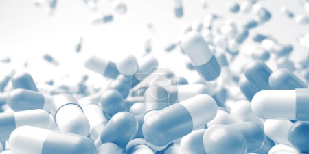 Photo for White blue pills close up. Development medicine and pharmacology. Medical treatment, presciption drugs concept. 3d rendering - Royalty Free Image