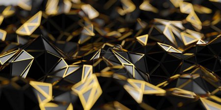 Foto de Superficie futurista de triángulos negros dorados modernos. Estructura del polígono. renderizado 3d - Imagen libre de derechos