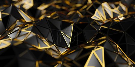 Téléchargez les photos : Surface futuriste de triangles noirs dorés modernes. Structure polygonale. Rendu 3d - en image libre de droit
